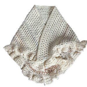 Handmade Beige Tan Cream Crochet Knit Shawl Wrap With Ruffled Edges Soft NEW
